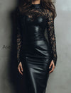 chic-black-eco-leather-lace-midi-dress