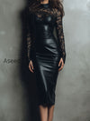 chic-black-eco-leather-lace-midi-dress