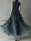 retro-pleated-chiffon-keyhole-collar-maxi-dress