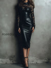 chic-black-eco-leather-lace-midi-dress