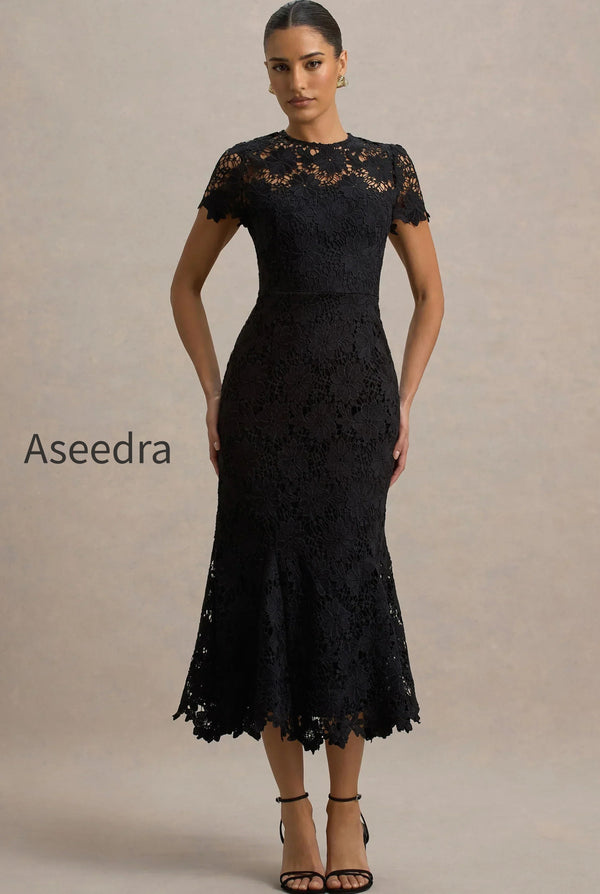 Clarissa | Black Lace Short-Sleeve Pleated Midi Dress