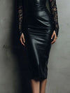 chic-black-eco-leather-lace-midi-dress